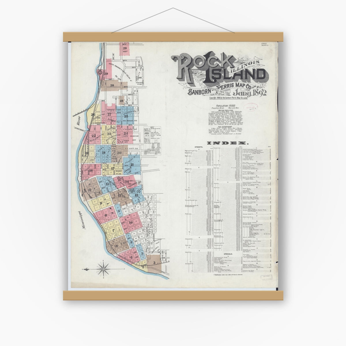 Old map wall art mockup — magnetic wood frame on white wall — Sanborn Fire Insurance Map from Rock Island, Rock Island County, Illinois (1892), Sheet #0001