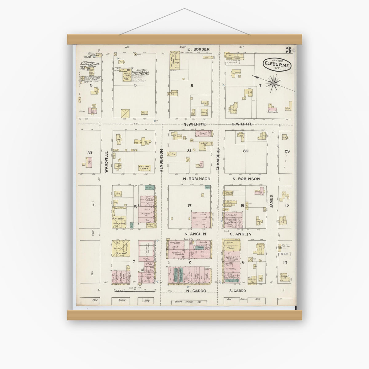 Old map wall art mockup — magnetic wood frame on white wall — Sanborn Fire Insurance Map from Cleburne, Johnson County, Texas (1888), Sheet #0003