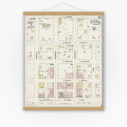Old map wall art mockup — magnetic wood frame on white wall — Sanborn Fire Insurance Map from Cleburne, Johnson County, Texas (1888), Sheet #0003