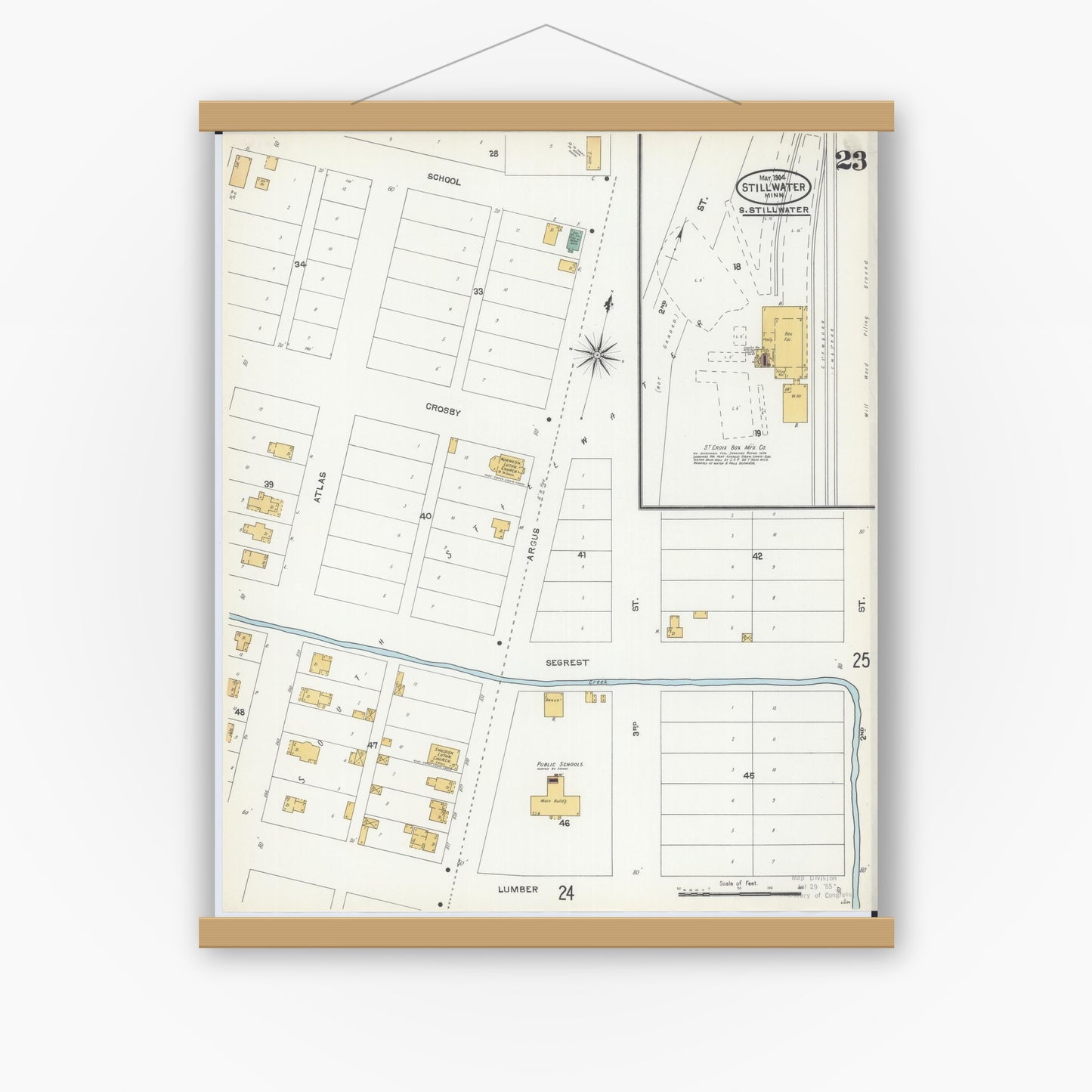 Old map wall art mockup — magnetic wood frame on white wall — Sanborn Fire Insurance Map from Stillwater, Washington County, Minnesota (1904), Sheet #0023