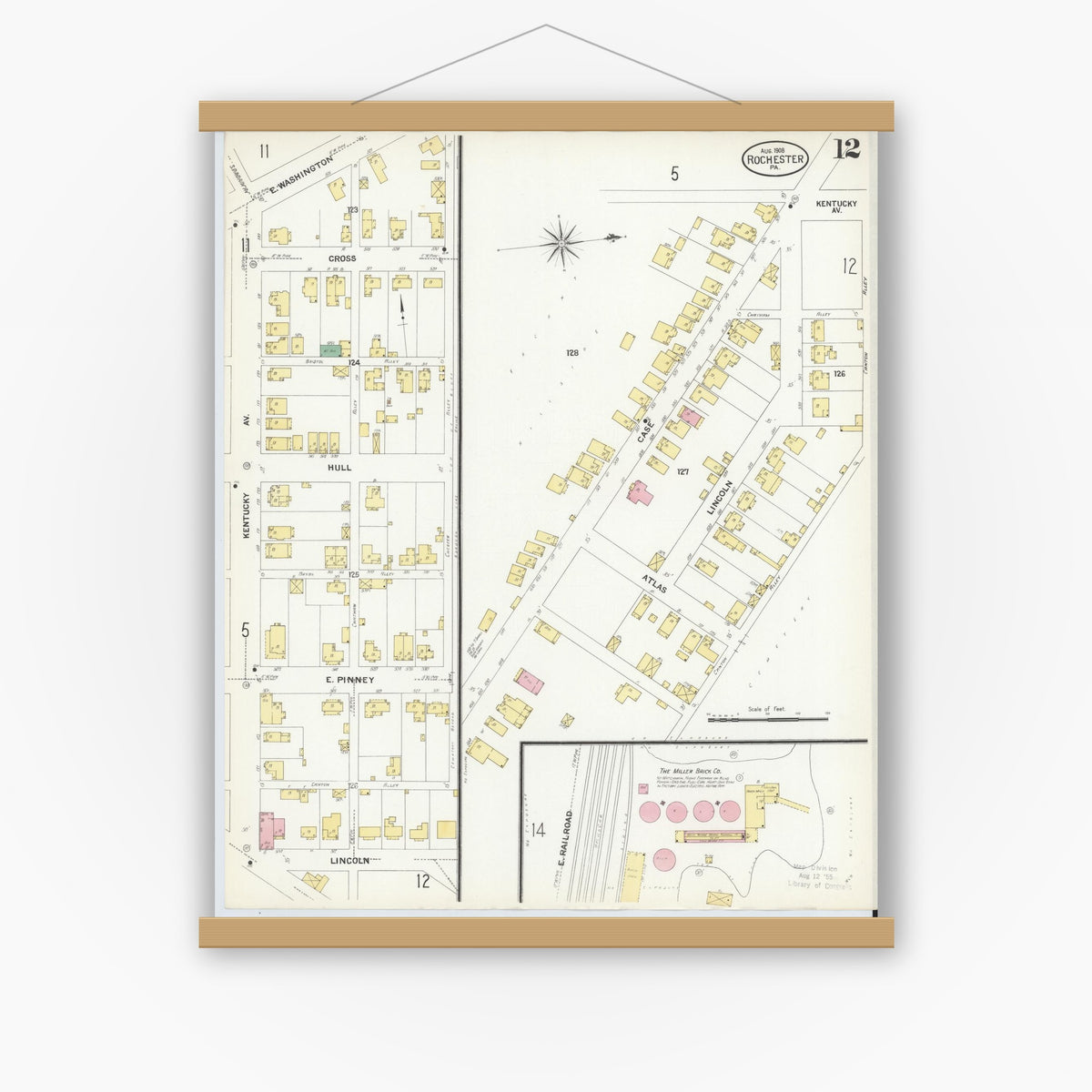 Old map wall art mockup — magnetic wood frame on white wall — Sanborn Fire Insurance Map from Rochester, Beaver County, Pennsylvania (1908), Sheet #0012