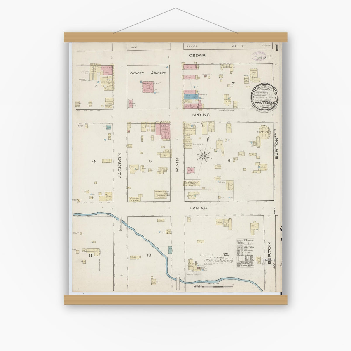 Old map wall art mockup — magnetic wood frame on white wall — Sanborn Fire Insurance Map from Huntsville, Walker County, Texas (1885) - Complete Map Set