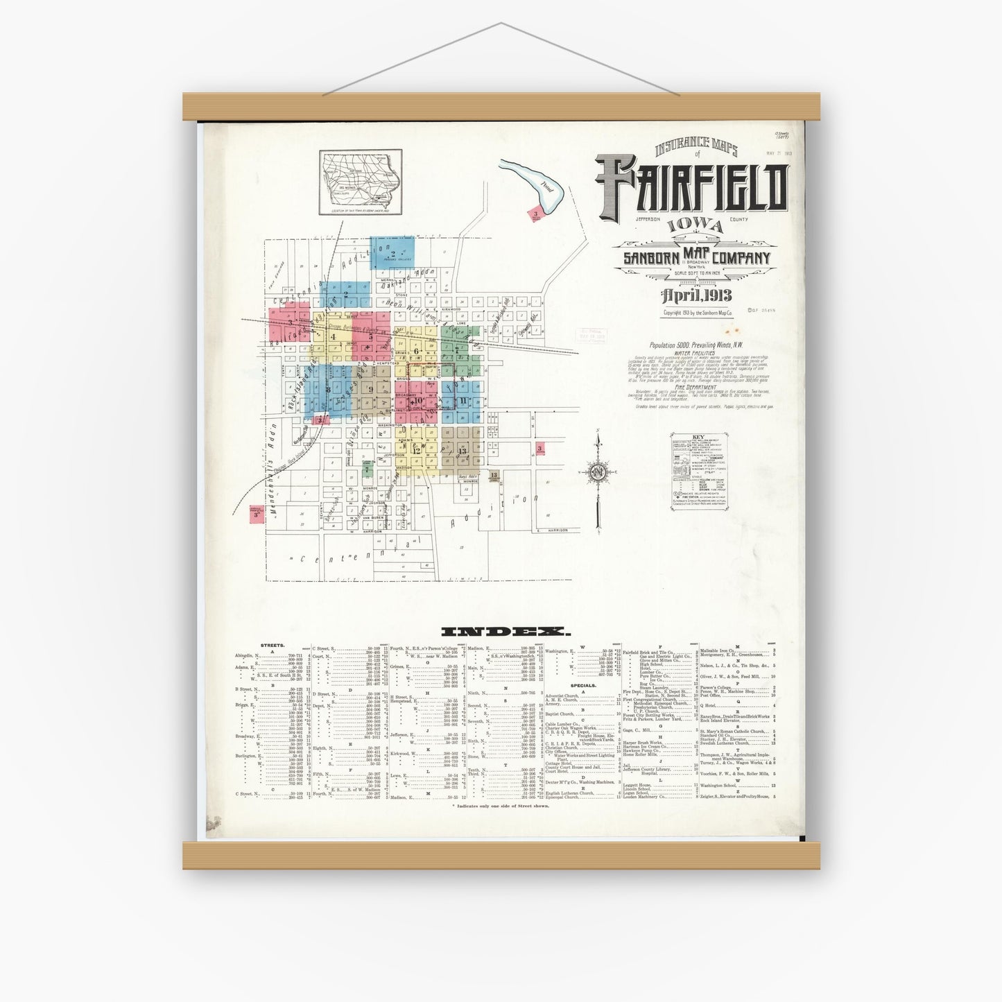 Old map wall art mockup — magnetic wood frame on white wall — Sanborn Fire Insurance Map from Fairfield, Jefferson County, Iowa (1913) â€” Complete Set