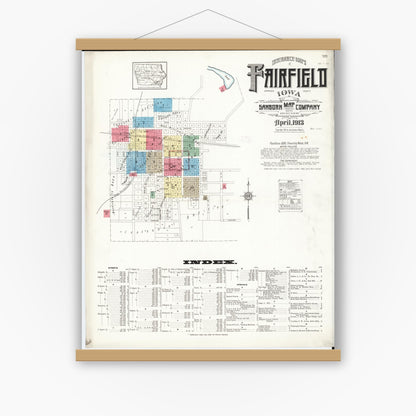 Old map wall art mockup — magnetic wood frame on white wall — Sanborn Fire Insurance Map from Fairfield, Jefferson County, Iowa (1913) â€” Complete Set