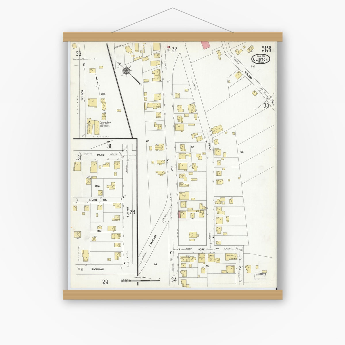 Old map wall art mockup — magnetic wood frame on white wall — Sanborn Fire Insurance Map from Clinton, Worcester County, Massachusetts (1911), Sheet #0033