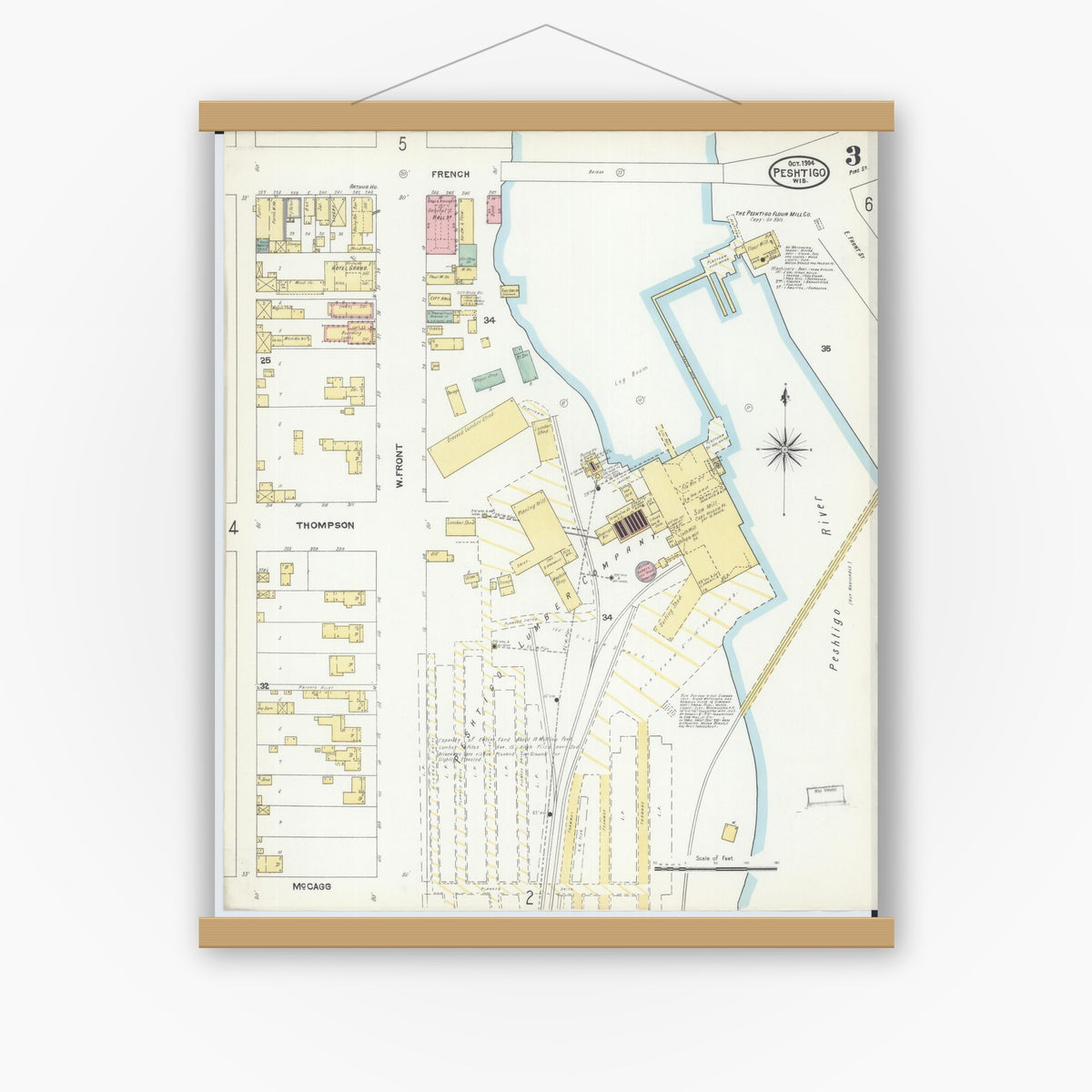Old map wall art mockup — magnetic wood frame on white wall — Sanborn Fire Insurance Map from Peshtigo, Marinette County, Wisconsin (1904), Sheet #0003
