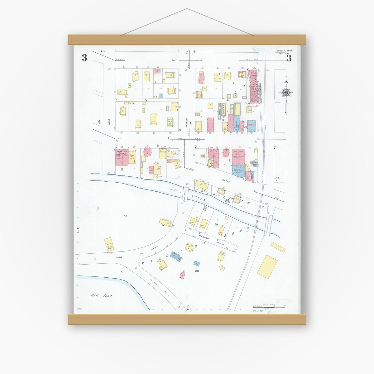 Old map wall art mockup — magnetic wood frame on white wall — Sanborn Fire Insurance Map from Jordan, Scott County, Minnesota (1947), Sheet #0003