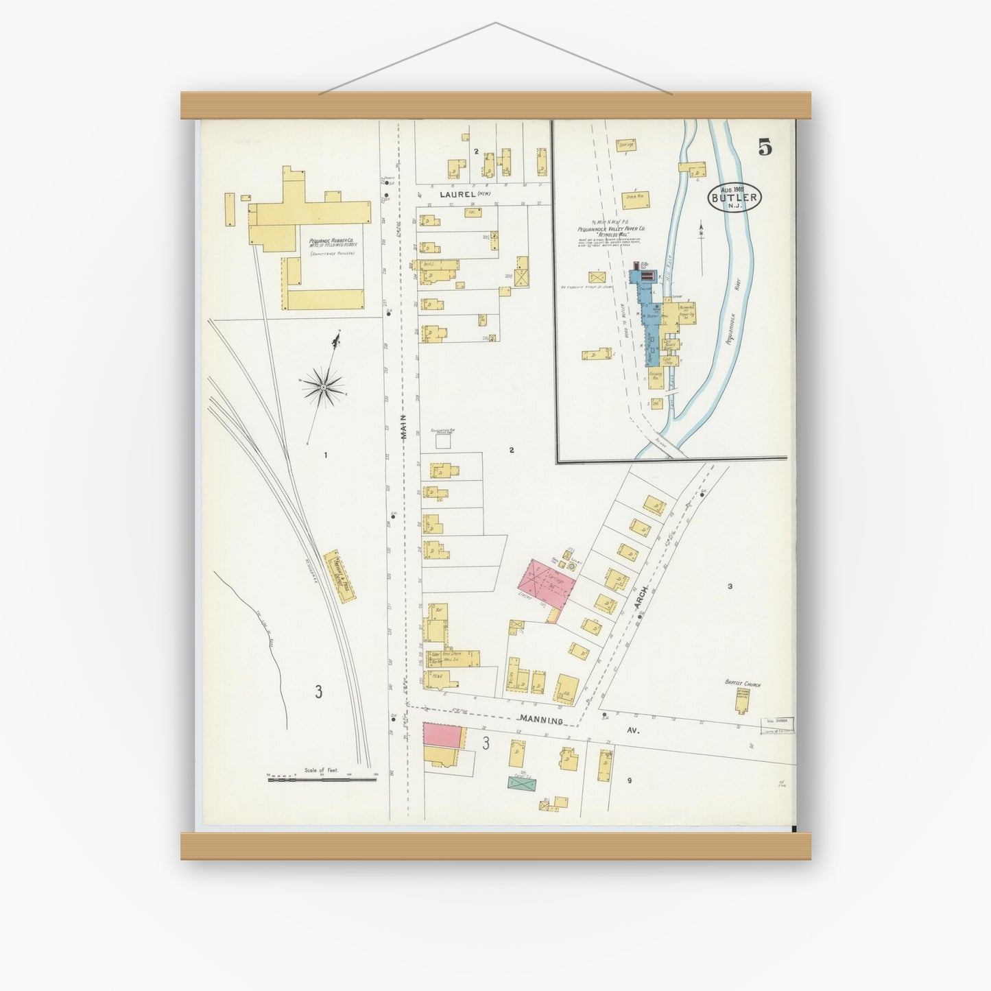 Old map wall art mockup — magnetic wood frame on white wall — Sanborn Fire Insurance Map from Butler, Morris County, New Jersey (1905), Sheet #0005