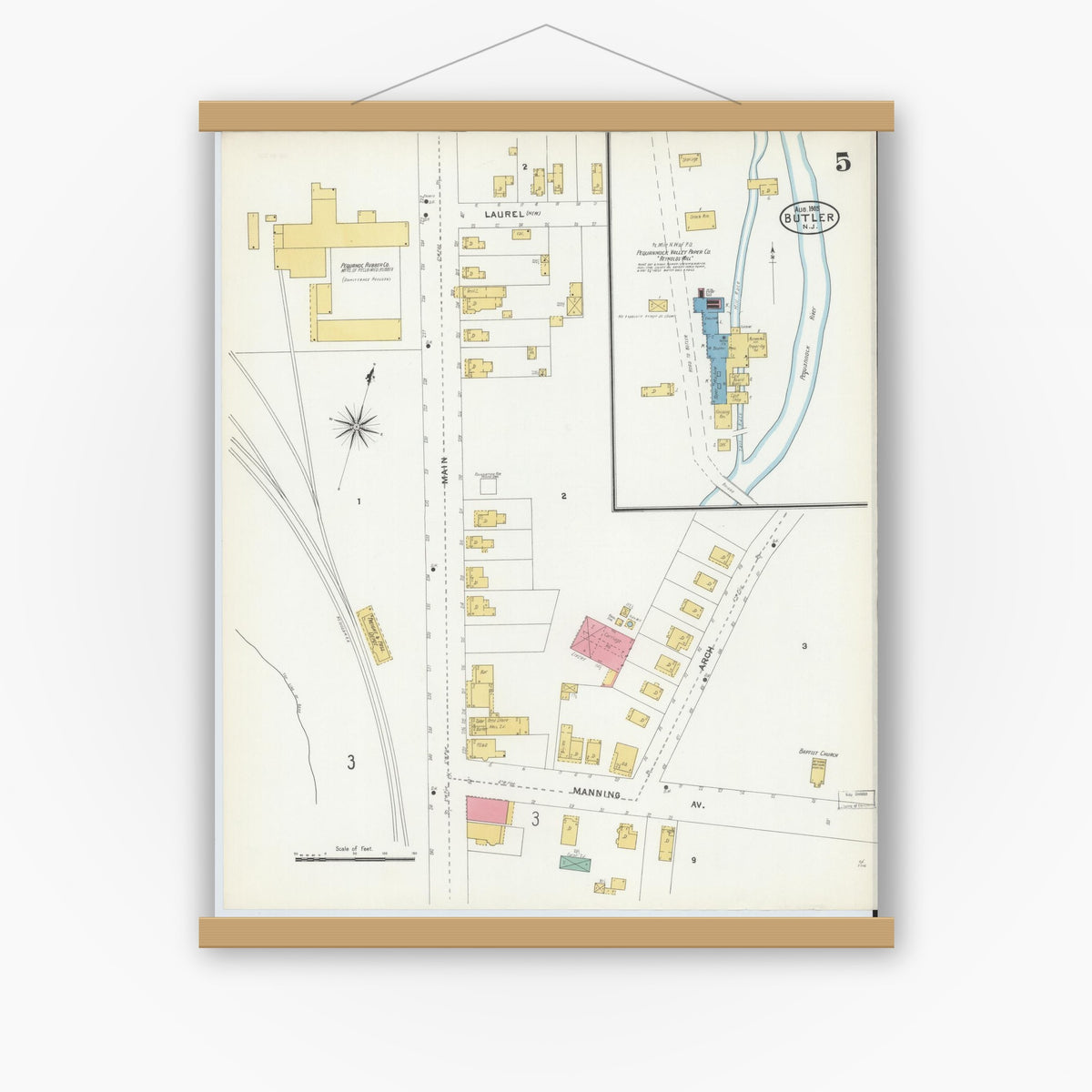 Old map wall art mockup — magnetic wood frame on white wall — Sanborn Fire Insurance Map from Butler, Morris County, New Jersey (1905), Sheet #0005