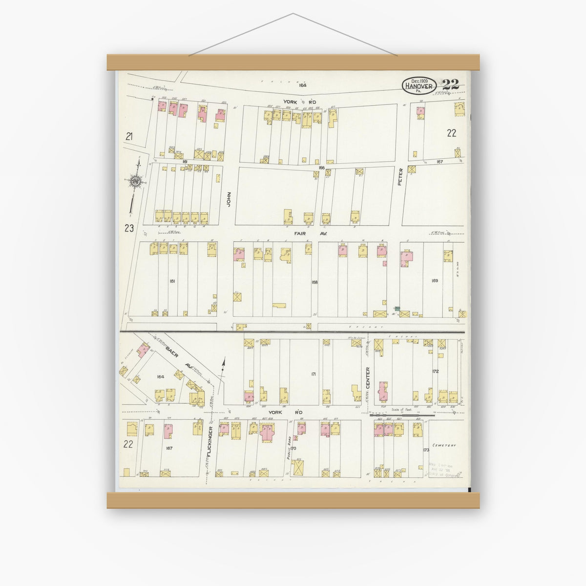 Old map wall art mockup — magnetic wood frame on white wall — Sanborn Fire Insurance Map from Hanover, York County, Pennsylvania (1909), Sheet #0022