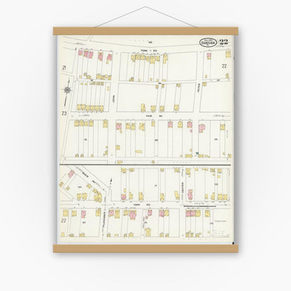 Old map wall art mockup — magnetic wood frame on white wall — Sanborn Fire Insurance Map from Hanover, York County, Pennsylvania (1909), Sheet #0022