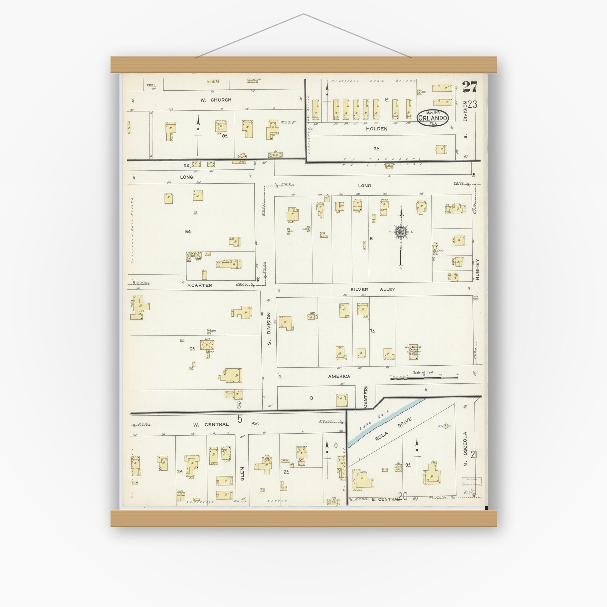 Old map wall art mockup — magnetic wood frame on white wall — Sanborn Fire Insurance Map from Orlando, Orange County, Florida (1913), Sheet #0027