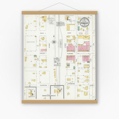 Old map wall art mockup — magnetic wood frame on white wall — Sanborn Fire Insurance Map from Grandview, Johnson County, Texas (1905), Sheet #0001