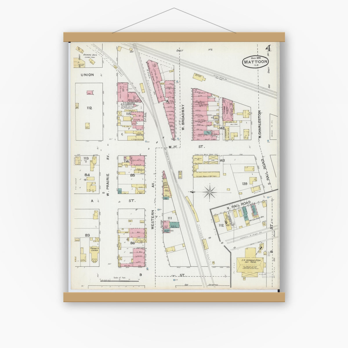Old map wall art mockup — magnetic wood frame on white wall — Sanborn Fire Insurance Map from Mattoon, Coles County, Illinois (1892), Sheet #0004
