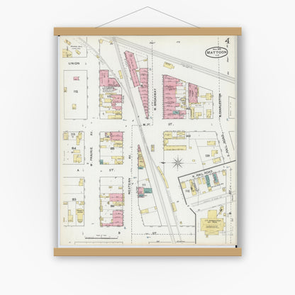 Old map wall art mockup — magnetic wood frame on white wall — Sanborn Fire Insurance Map from Mattoon, Coles County, Illinois (1892), Sheet #0004