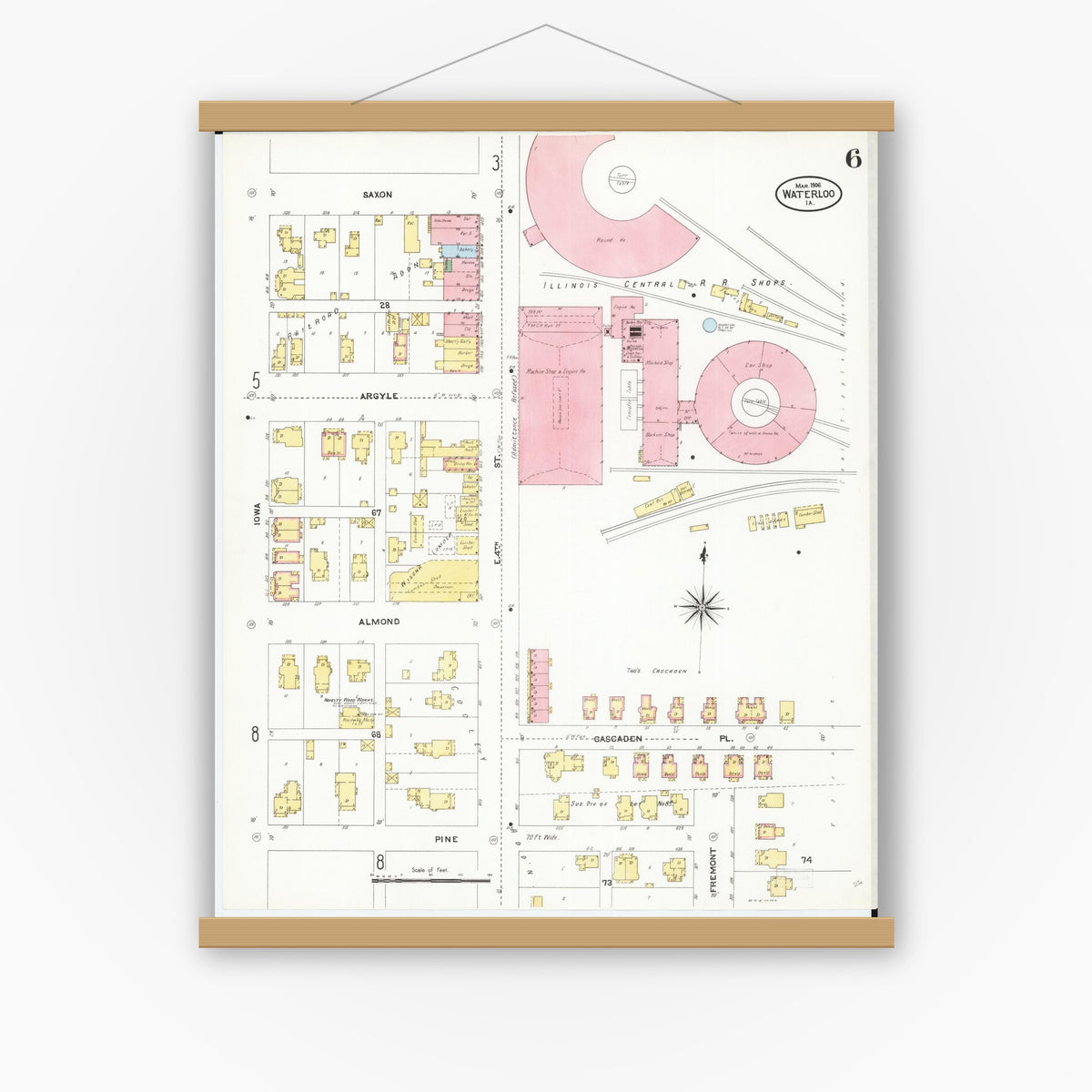 Old map wall art mockup — magnetic wood frame on white wall — Sanborn Fire Insurance Map from Waterloo, Black Hawk County, Iowa (1906), Sheet #0006