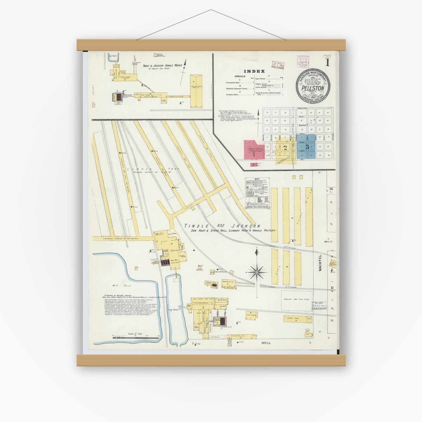 Old map wall art mockup — magnetic wood frame on white wall — Sanborn Fire Insurance Map from Pellston, Emmet County, Michigan (1907) - Complete Map Set