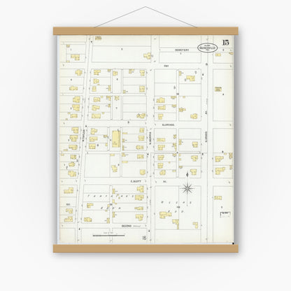 Old map wall art mockup — magnetic wood frame on white wall — Sanborn Fire Insurance Map from Gainesville, Cooke County, Texas (1902), Sheet #0015