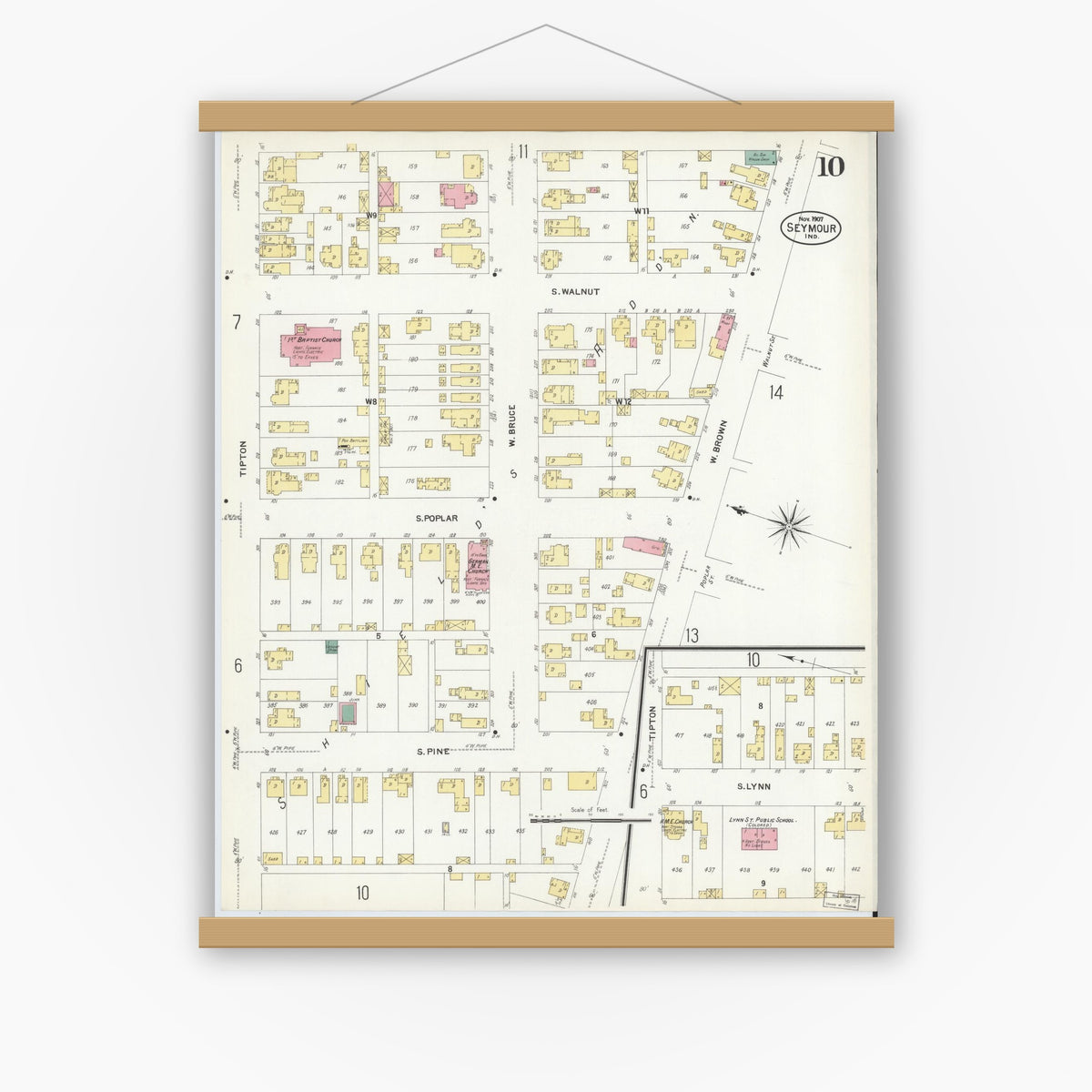 Old map wall art mockup — magnetic wood frame on white wall — Sanborn Fire Insurance Map from Seymour, Jackson County, Indiana (1907), Sheet #0010