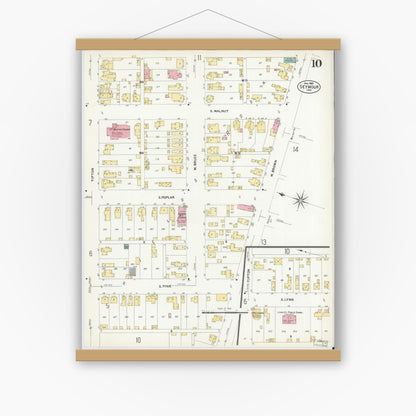 Old map wall art mockup — magnetic wood frame on white wall — Sanborn Fire Insurance Map from Seymour, Jackson County, Indiana (1907), Sheet #0010