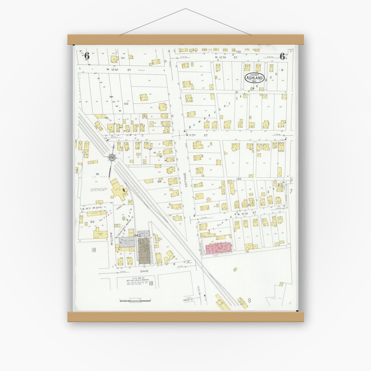 Old map wall art mockup — magnetic wood frame on white wall — Sanborn Fire Insurance Map from Ashland, Ashland County, Ohio (1930), Sheet #0006