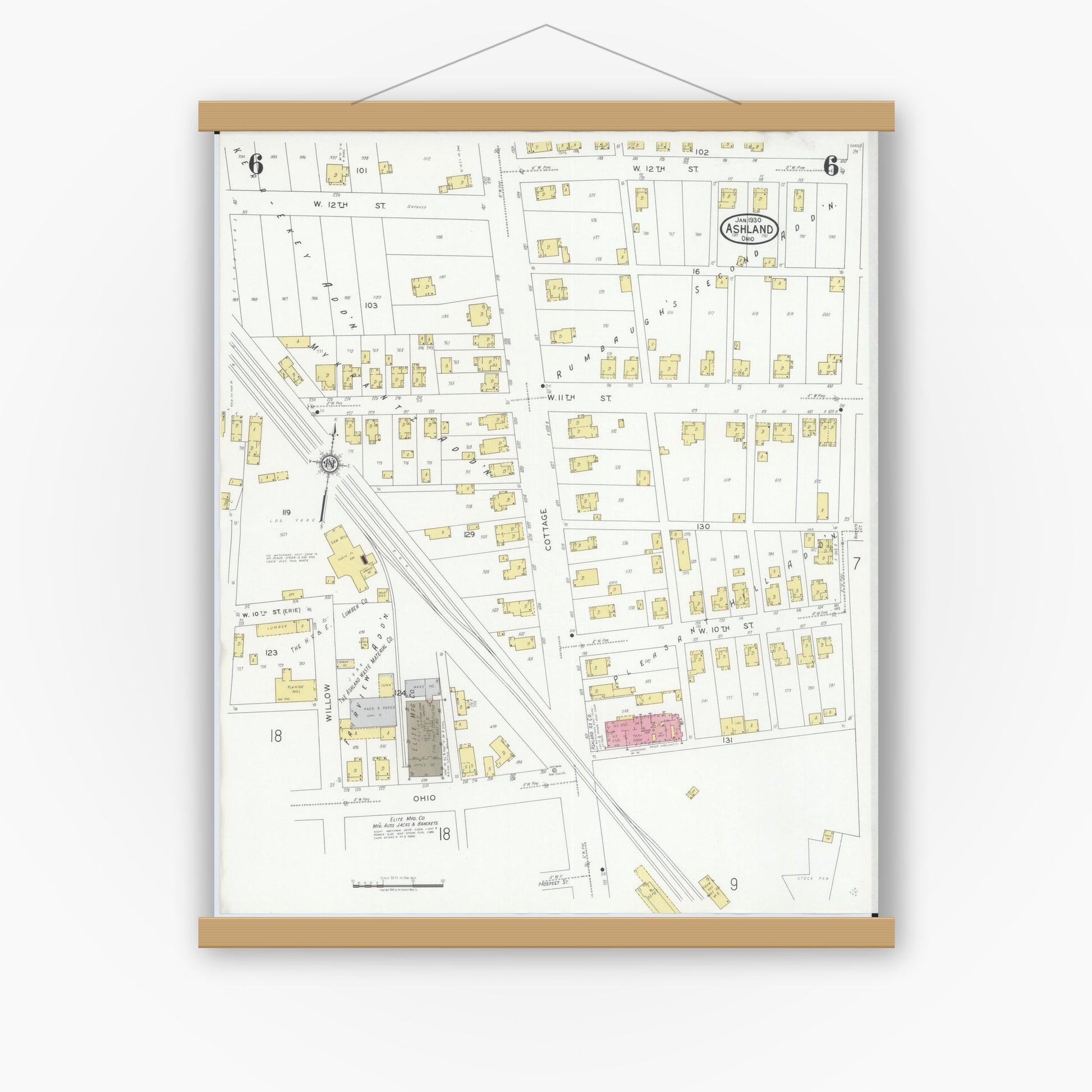 Old map wall art mockup — magnetic wood frame on white wall — Sanborn Fire Insurance Map from Ashland, Ashland County, Ohio (1930), Sheet #0006