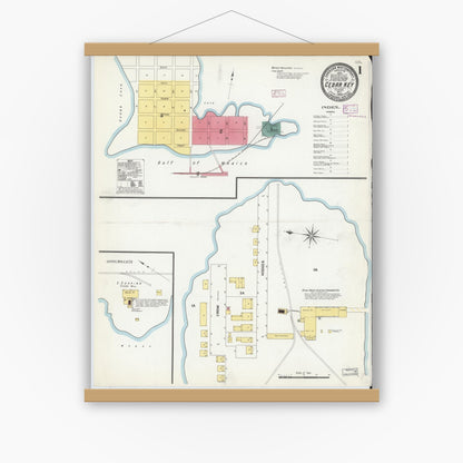Old map wall art mockup — magnetic wood frame on white wall — Sanborn Fire Insurance Map from Cedar Key, Levy County, Florida (1909) - Complete Map Set