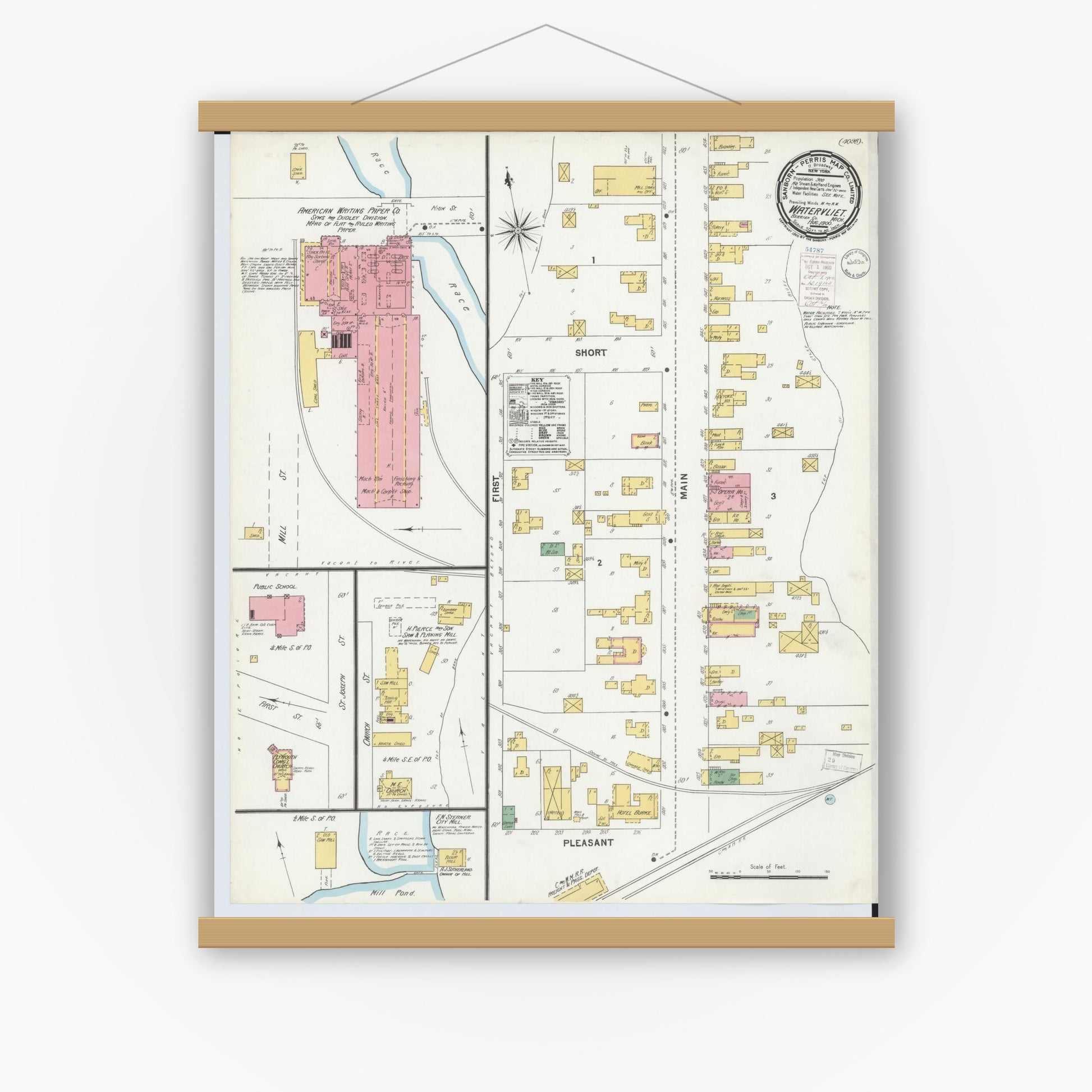 Old map wall art mockup — magnetic wood frame on white wall — Sanborn Fire Insurance Map from Watervliet, Berrien County, Michigan (1900), Sheet #0001