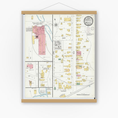 Old map wall art mockup — magnetic wood frame on white wall — Sanborn Fire Insurance Map from Watervliet, Berrien County, Michigan (1900), Sheet #0001
