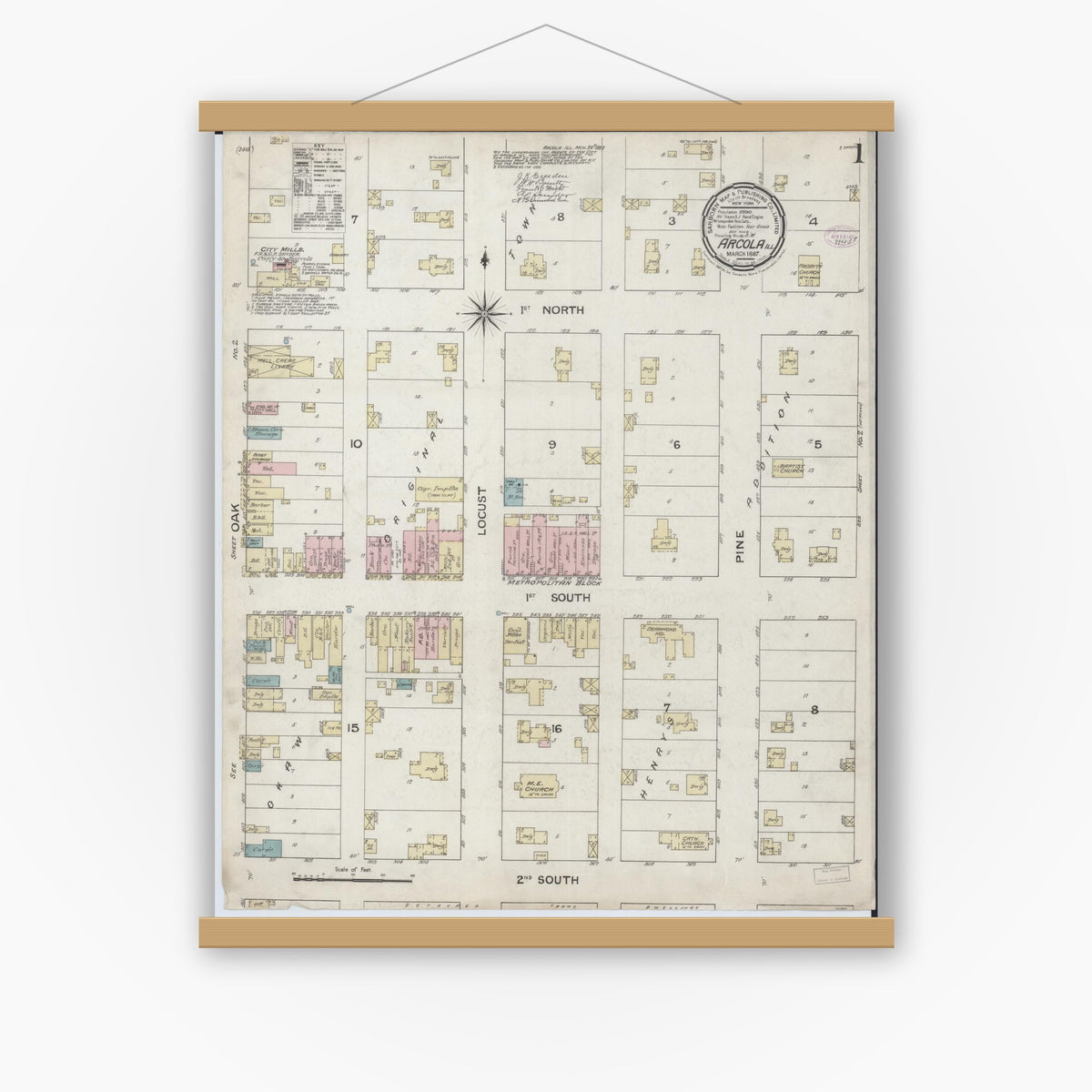 Old map wall art mockup — magnetic wood frame on white wall — Sanborn Fire Insurance Map from Arcola, Douglas County, Illinois (1887), Sheet #0001