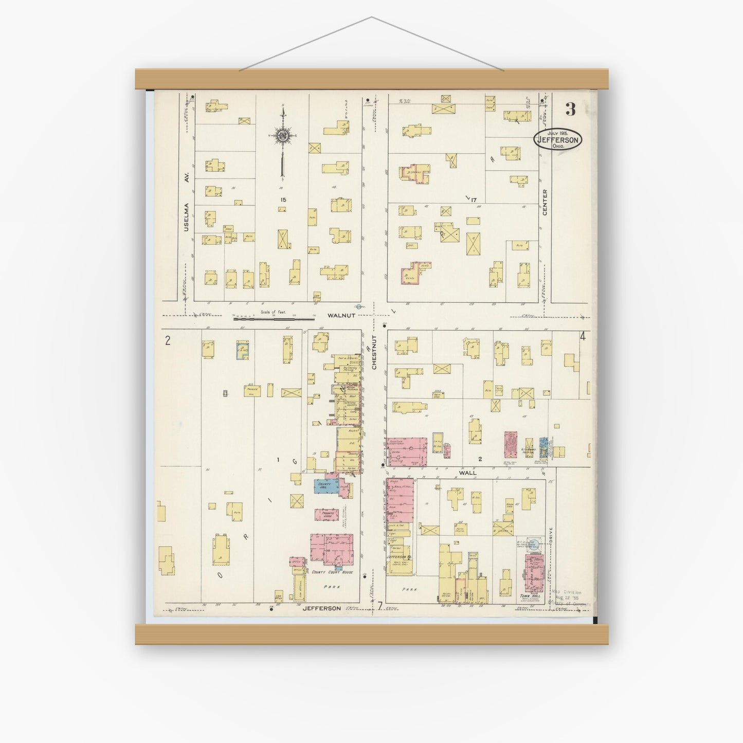 Old map wall art mockup — magnetic wood frame on white wall — Sanborn Fire Insurance Map from Jefferson, Ashtabula County, Ohio (1915), Sheet #0003