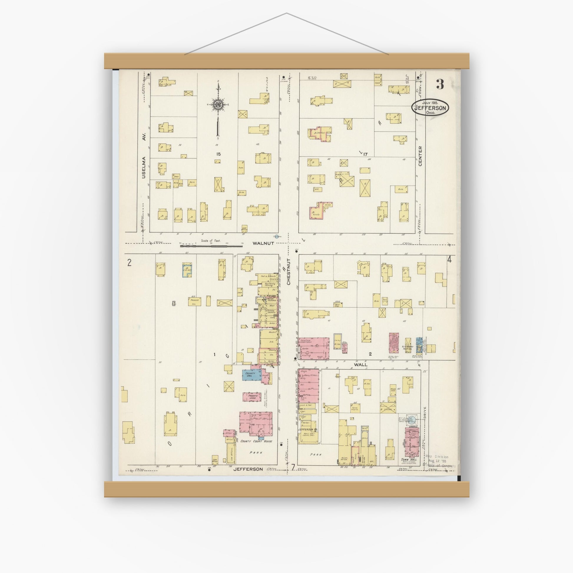 Old map wall art mockup — magnetic wood frame on white wall — Sanborn Fire Insurance Map from Jefferson, Ashtabula County, Ohio (1915), Sheet #0003