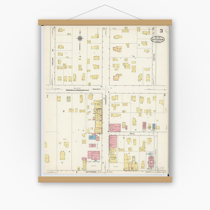Old map wall art mockup — magnetic wood frame on white wall — Sanborn Fire Insurance Map from Jefferson, Ashtabula County, Ohio (1915), Sheet #0003