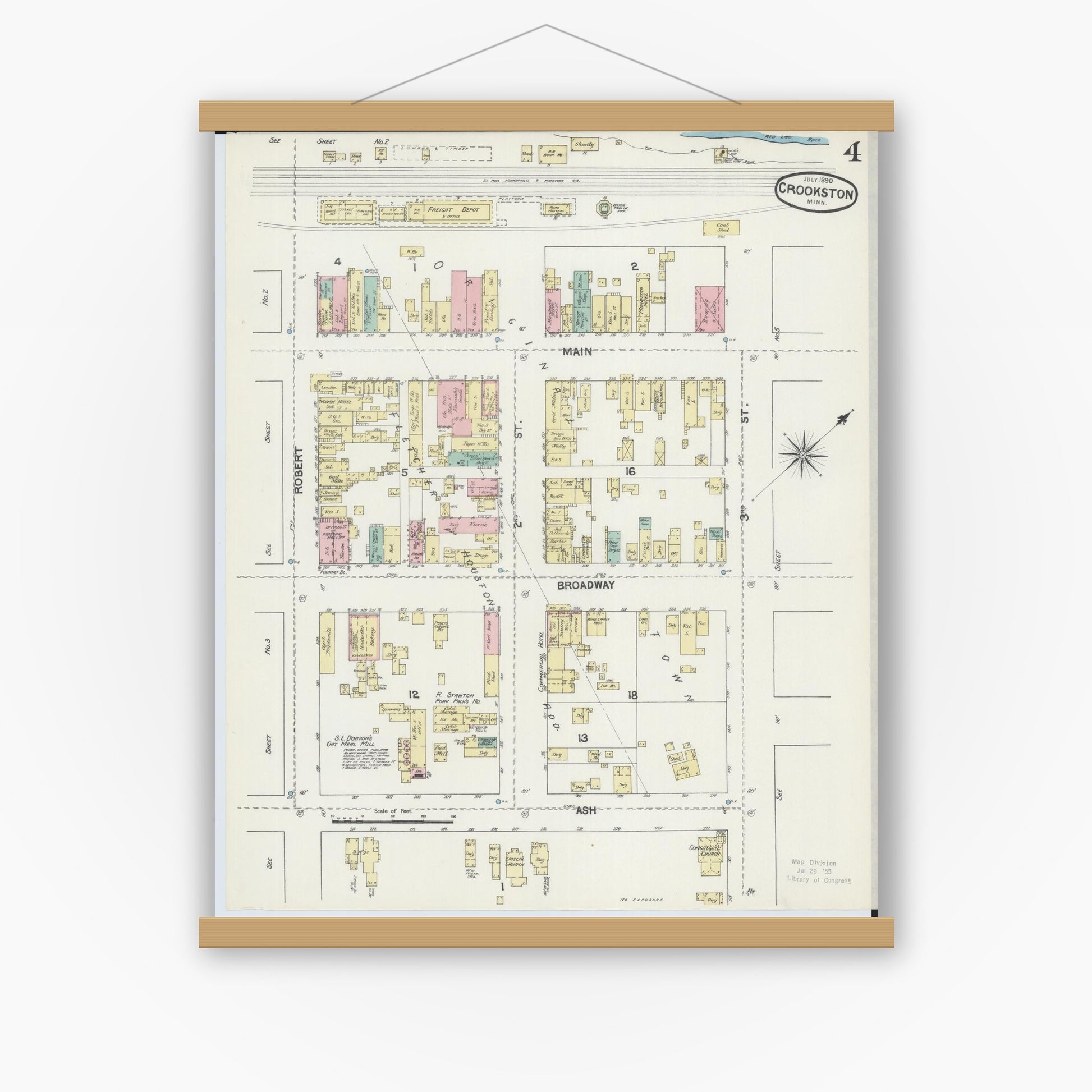 Old map wall art mockup — magnetic wood frame on white wall — Sanborn Fire Insurance Map from Crookston, Polk County, Minnesota (1890), Sheet #0004