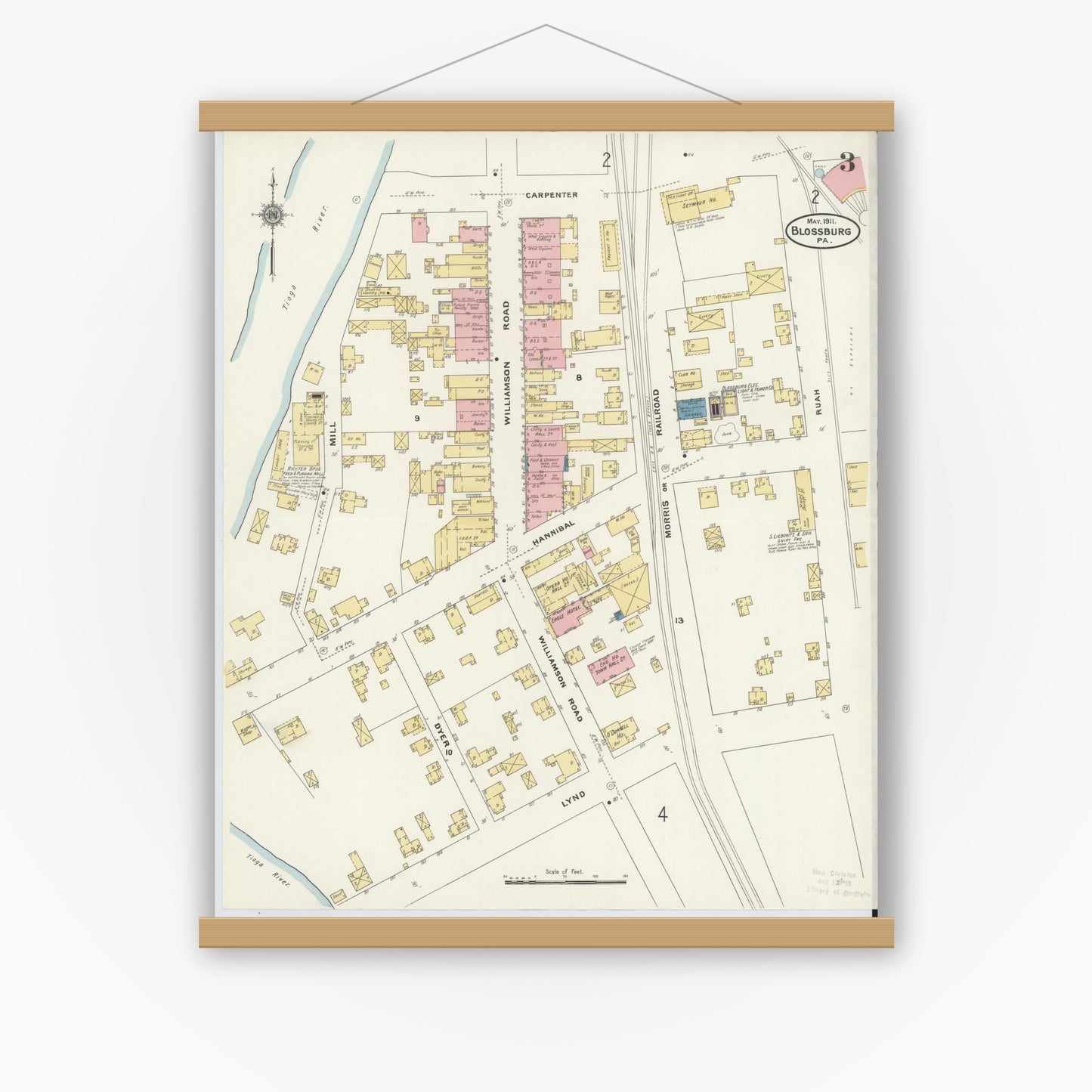 Old map wall art mockup — magnetic wood frame on white wall — Sanborn Fire Insurance Map from Blossburg, Tioga County, Pennsylvania (1911), Sheet #0003