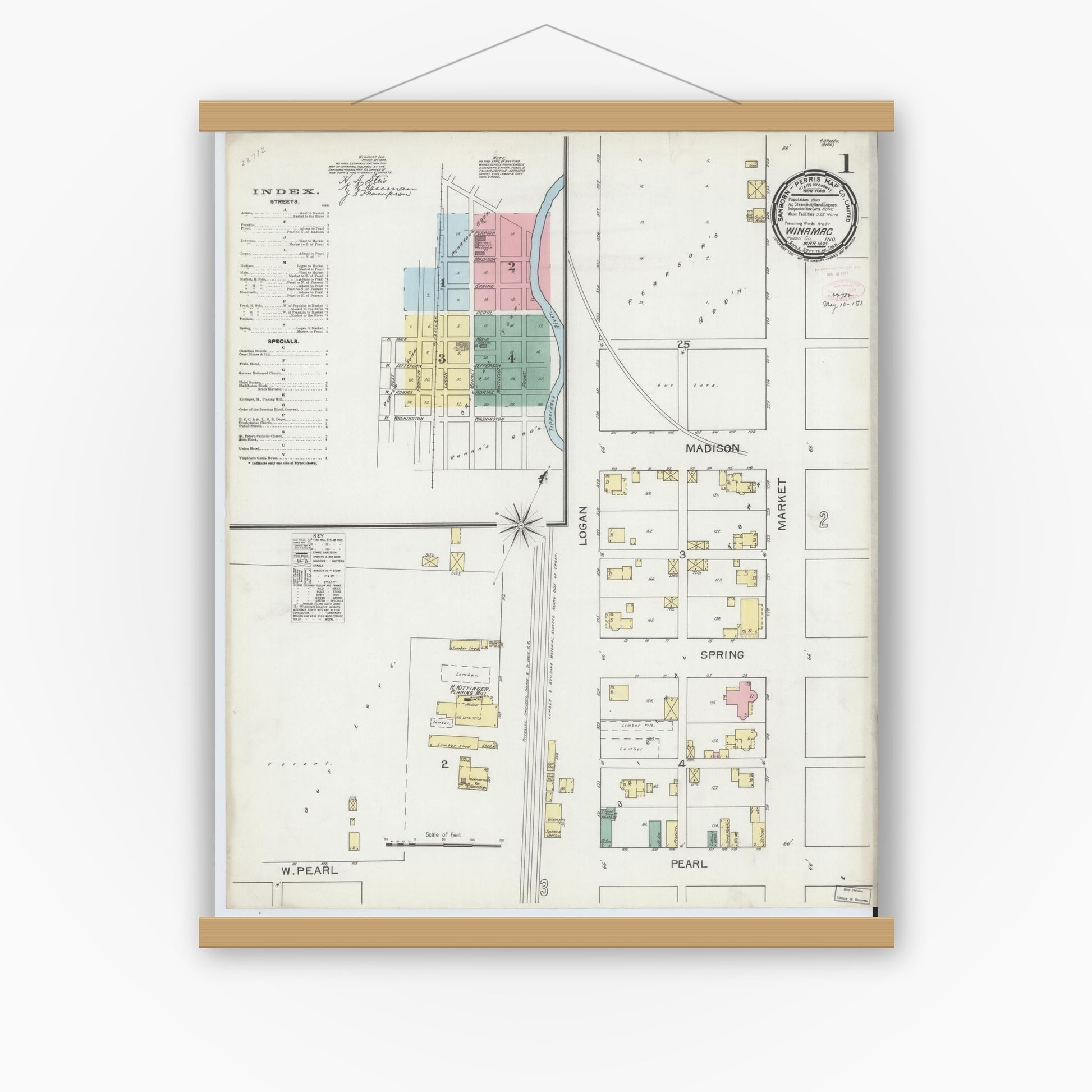 Old map wall art mockup — magnetic wood frame on white wall — Sanborn Fire Insurance Map from Winamac, Pulaski County, Indiana (1893) - Complete Map Set