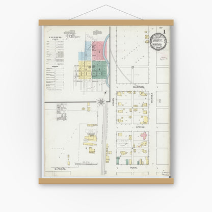 Old map wall art mockup — magnetic wood frame on white wall — Sanborn Fire Insurance Map from Winamac, Pulaski County, Indiana (1893) - Complete Map Set