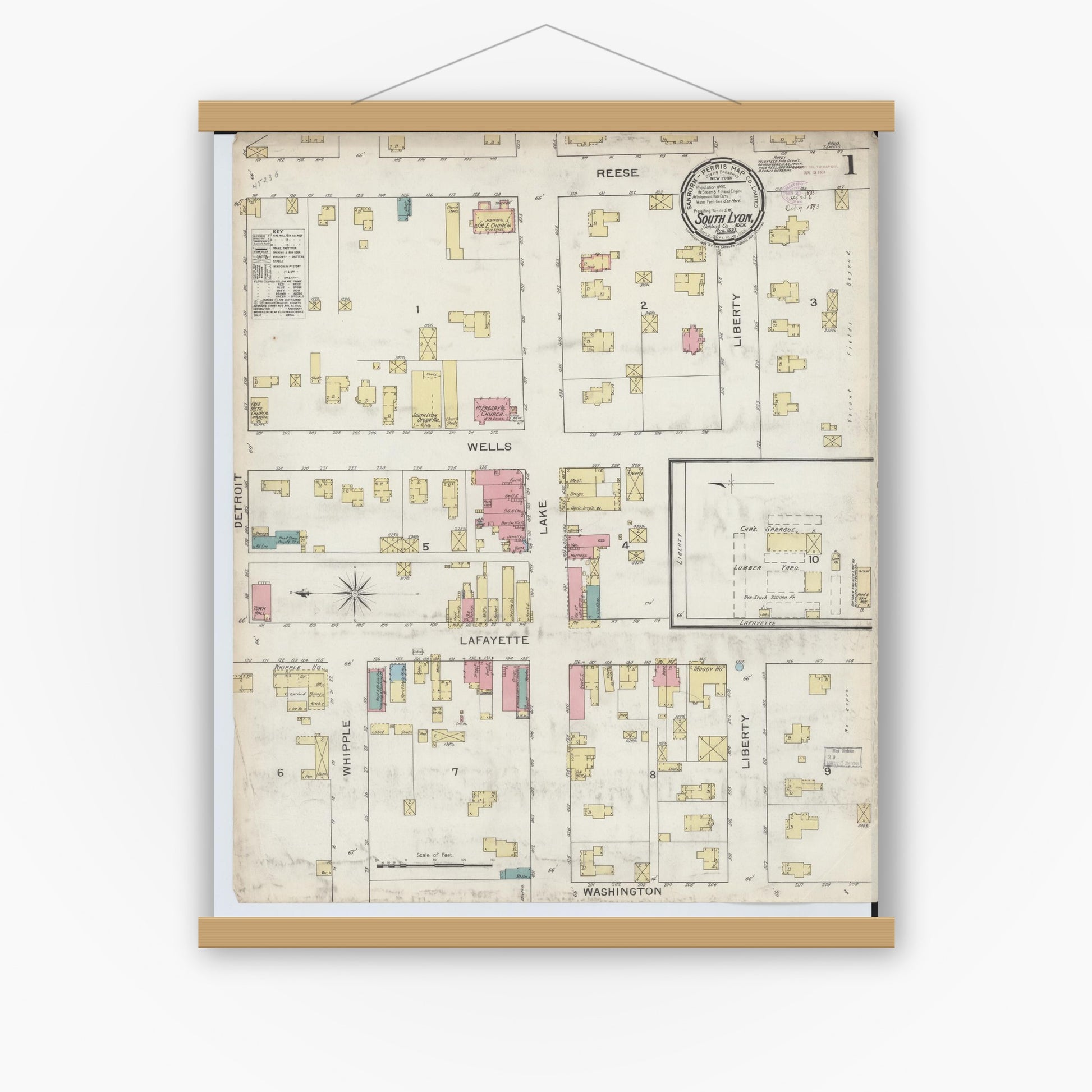 Old map wall art mockup — magnetic wood frame on white wall — Sanborn Fire Insurance Map from South Lyon, Oakland County, Michigan (1893), Sheet #0001
