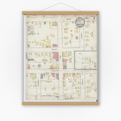 Old map wall art mockup — magnetic wood frame on white wall — Sanborn Fire Insurance Map from South Lyon, Oakland County, Michigan (1893), Sheet #0001