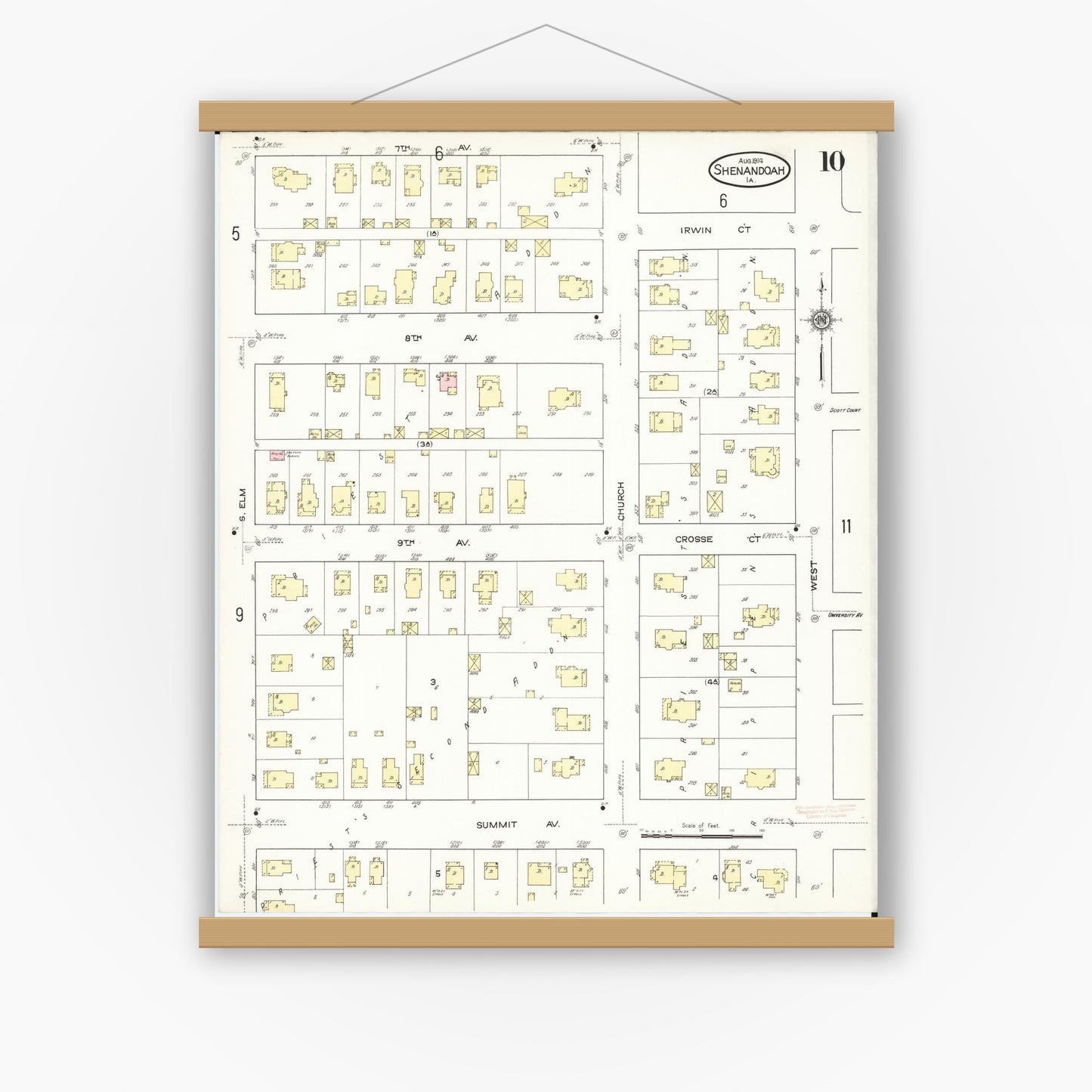 Old map wall art mockup — magnetic wood frame on white wall — Sanborn Fire Insurance Map from Shenandoah, Page County, Iowa (1914), Sheet #0010