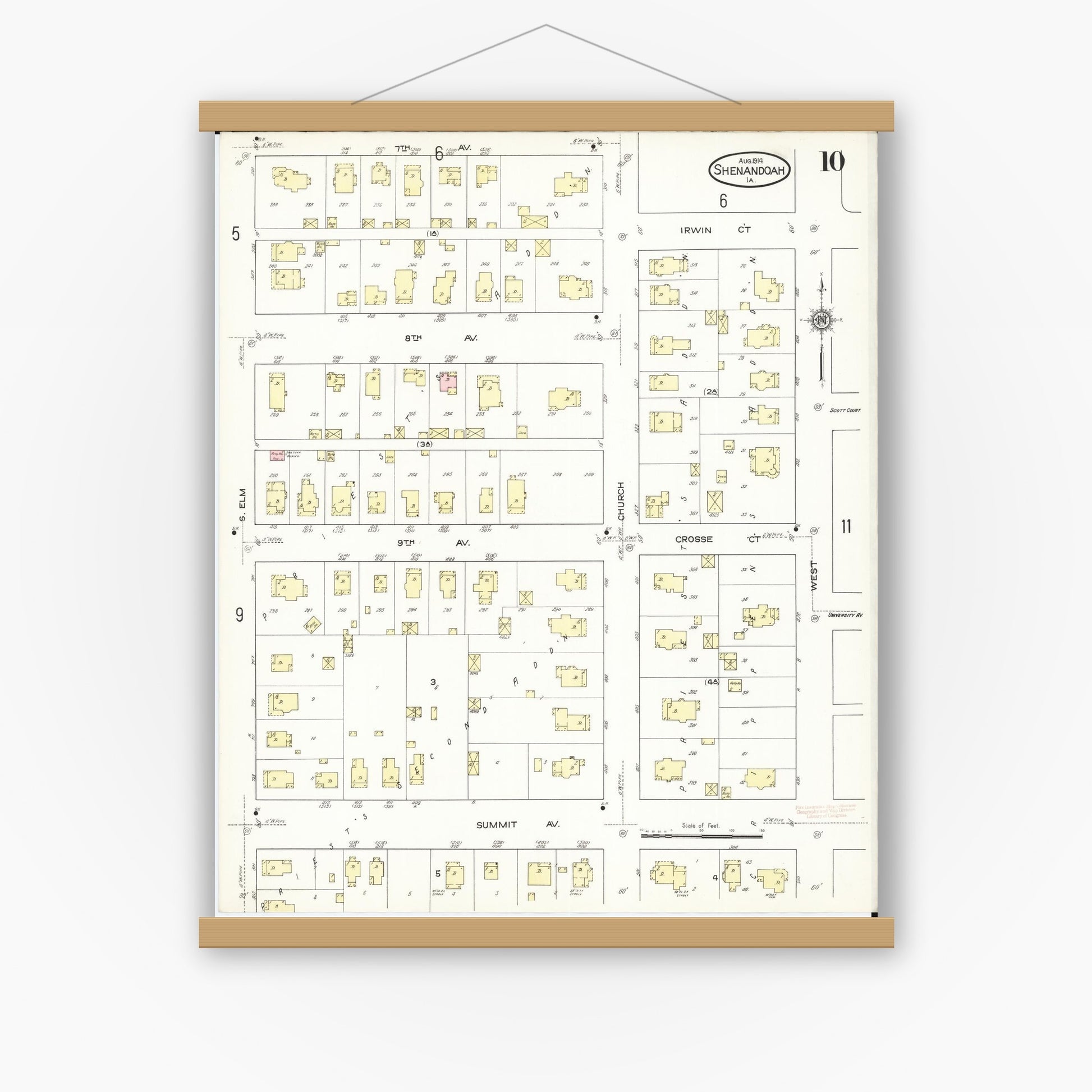 Old map wall art mockup — magnetic wood frame on white wall — Sanborn Fire Insurance Map from Shenandoah, Page County, Iowa (1914), Sheet #0010
