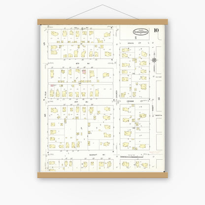 Old map wall art mockup — magnetic wood frame on white wall — Sanborn Fire Insurance Map from Shenandoah, Page County, Iowa (1914), Sheet #0010