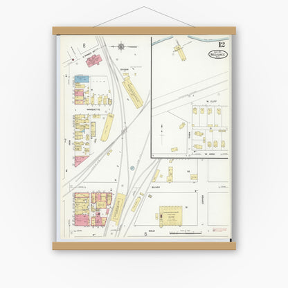 Old map wall art mockup — magnetic wood frame on white wall — Sanborn Fire Insurance Map from Negaunee, Marquette County, Michigan (1911), Sheet #0012