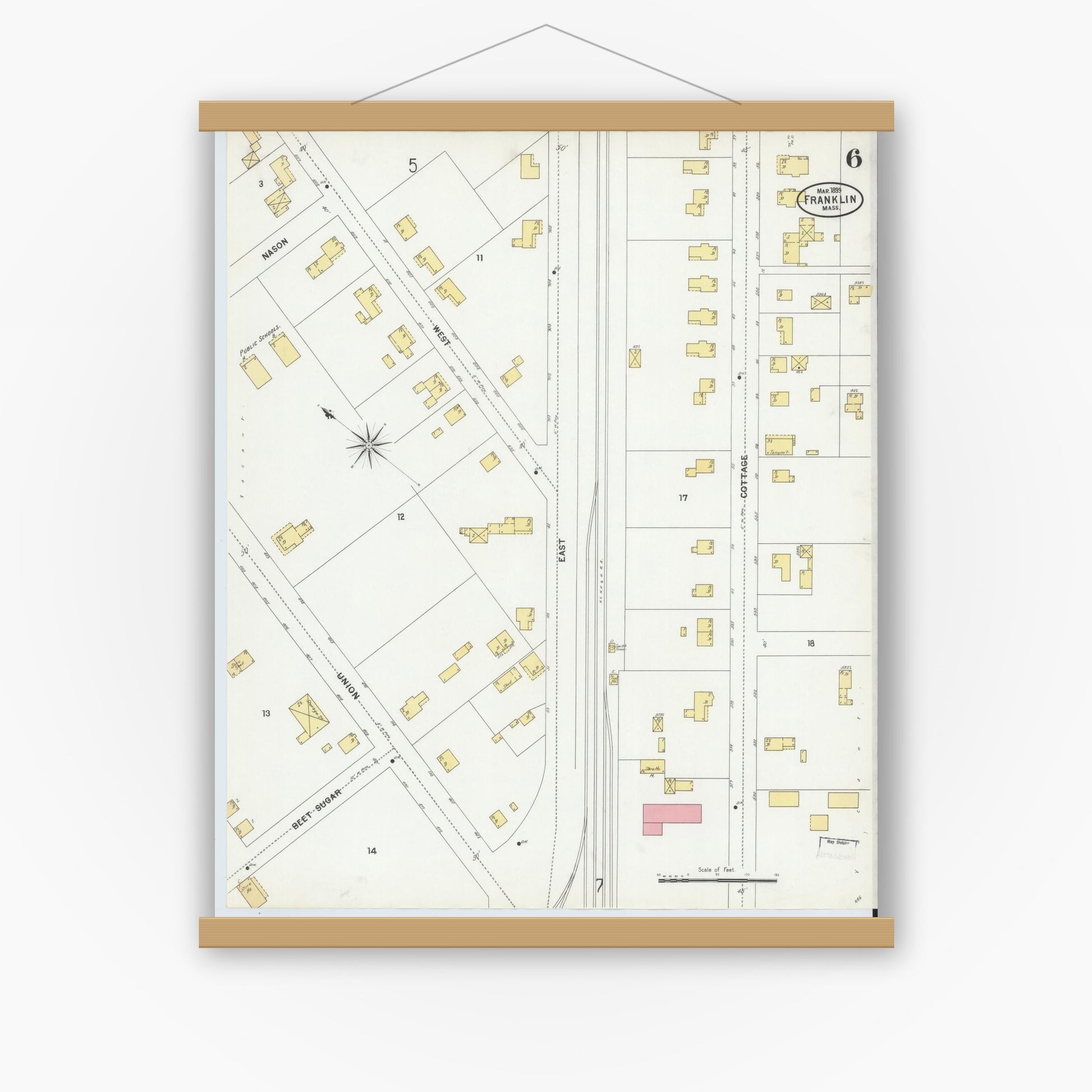 Old map wall art mockup — magnetic wood frame on white wall — Sanborn Fire Insurance Map from Franklin, Norfolk County, Massachusetts (1899), Sheet #0006
