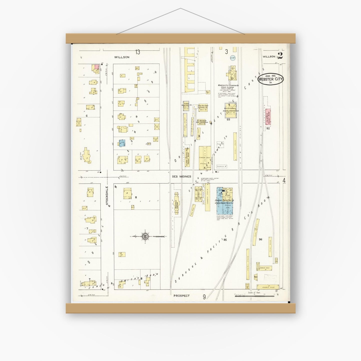 Old map wall art mockup — magnetic wood frame on white wall — Sanborn Fire Insurance Map from Webster City, Hamilton County, Iowa (1915), Sheet #0002