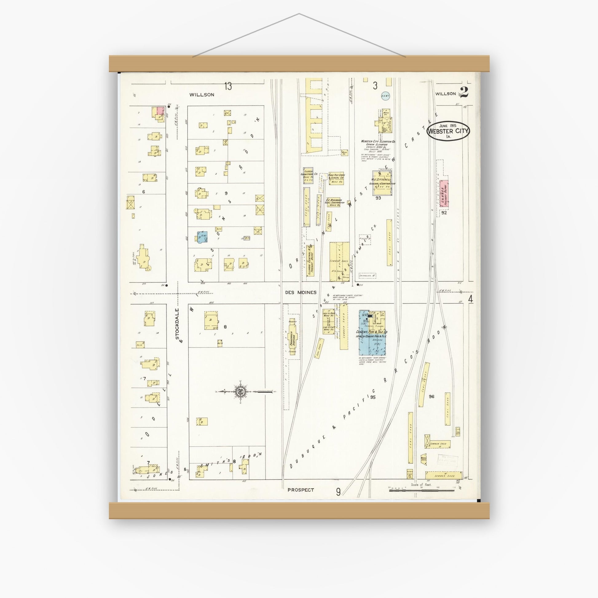 Old map wall art mockup — magnetic wood frame on white wall — Sanborn Fire Insurance Map from Webster City, Hamilton County, Iowa (1915), Sheet #0002