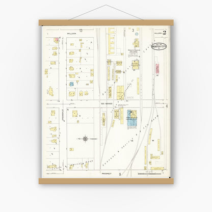 Old map wall art mockup — magnetic wood frame on white wall — Sanborn Fire Insurance Map from Webster City, Hamilton County, Iowa (1915), Sheet #0002