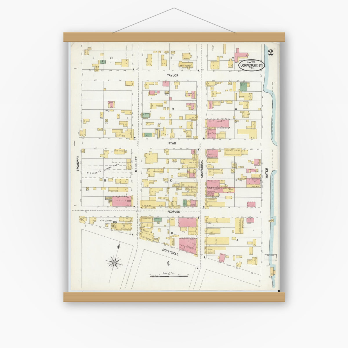 Old map wall art mockup — magnetic wood frame on white wall — Sanborn Fire Insurance Map from Corpus Christi, Nueces County, Texas (1900), Sheet #0002