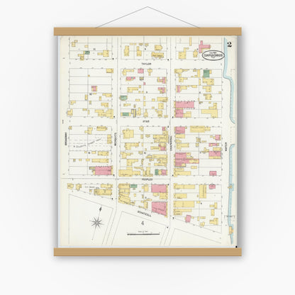 Old map wall art mockup — magnetic wood frame on white wall — Sanborn Fire Insurance Map from Corpus Christi, Nueces County, Texas (1900), Sheet #0002