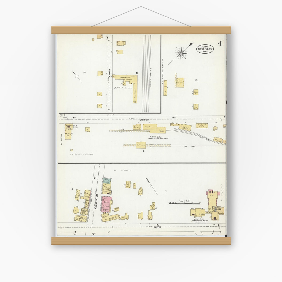 Old map wall art mockup — magnetic wood frame on white wall — Sanborn Fire Insurance Map from Wellesley, Norfolk County, Massachusetts (1906), Sheet #0004
